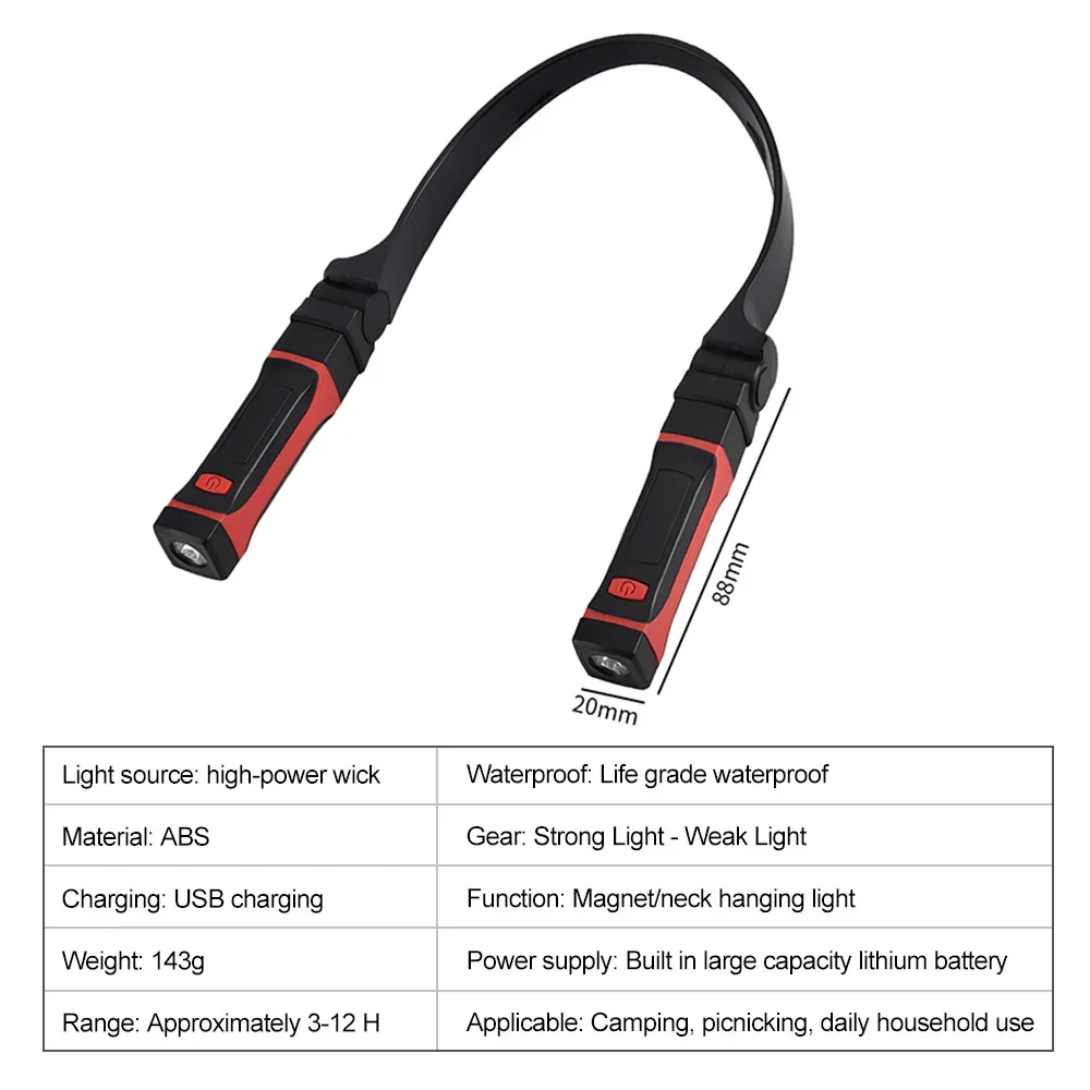 Lampada da lettura a LED per collo Lampada da lettura per libri Torcia notturna Luce da campeggio Ricarica USB Luce da corsa per collo a LED