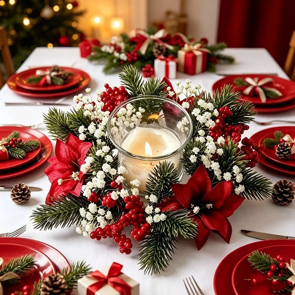 Red Berry Christmas Wreath Candlestick Pinecone Flower Wreath Candle Holder Table Decoration Pine Needle