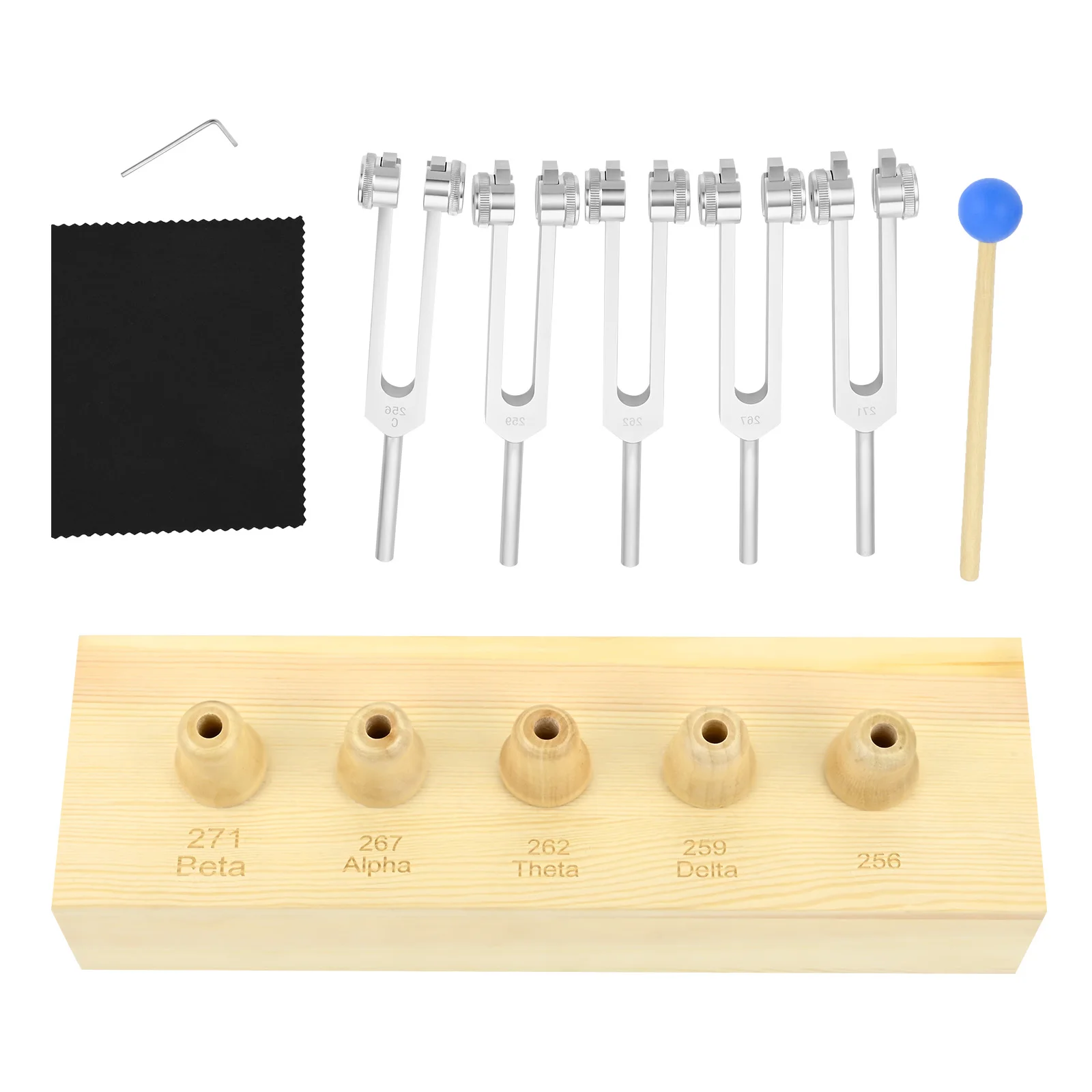1Set Brain Tuner Tuning Fork Set EEG Delta Theta Alpha Beta 256/ 259/262/267/271Hz with Wooden Voice Box Deep Sleep Meditation