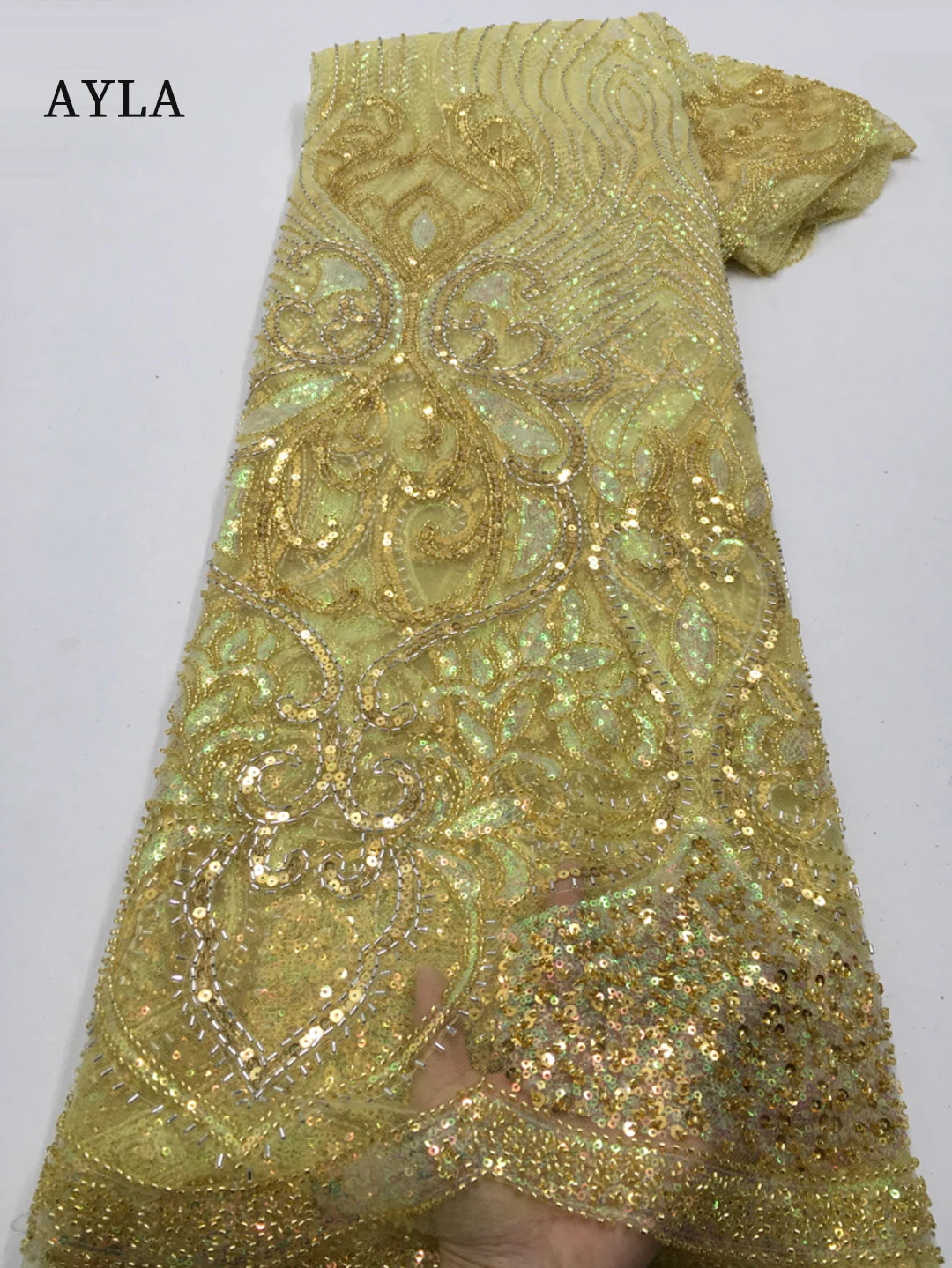 Gold Luxurious Nigerian Beads Lace Fabric 2024 High Quality Sequins Beaded Embroidery Tulle African French Lace Fabric for Dress