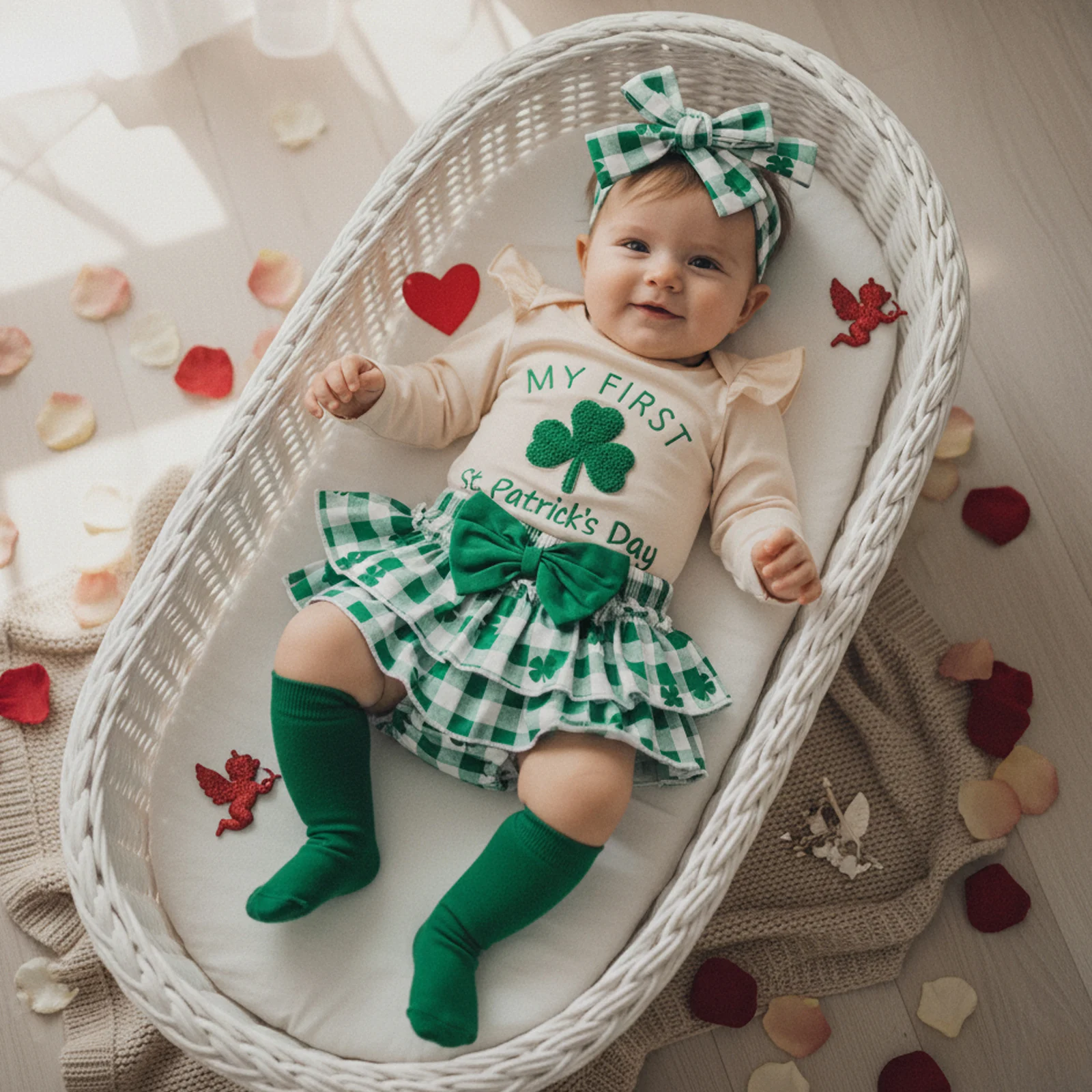 

Suefunskry Baby Girl St. Patrick's Day Outfit Long Sleeve O-Neck Letter Shamrock Embroidery Romper Headband Skirt Leg Warmer Set
