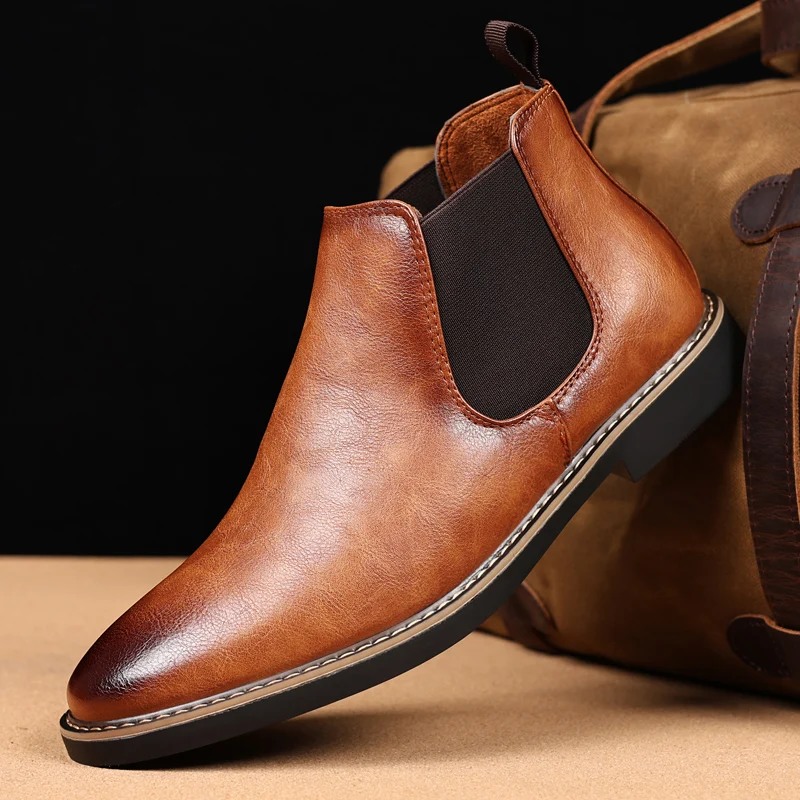 MAEDEF Men Boots Man Chelsea Boots Brand Retro Comfortable PU Leather Waterproof Ankle Boots Fashion Black Brown Shoes Mens Boot
