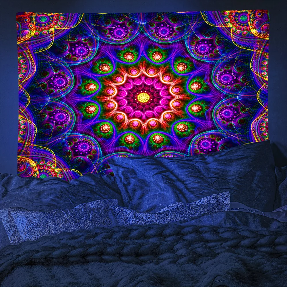 1pc  Glowing Mandala Fluorescent Tapestry, Trippy Neon Fractal Wall Hanging for Bedroom Living Room Dorm Decor