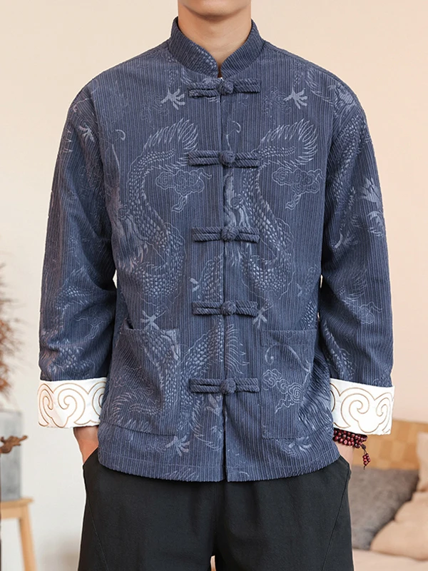 

Новое китайское мужское вельветовое дэт с узором дракона ветра, осенне-зимнее пальто на пуговицах в стиле ретро, свободное теплое пальто