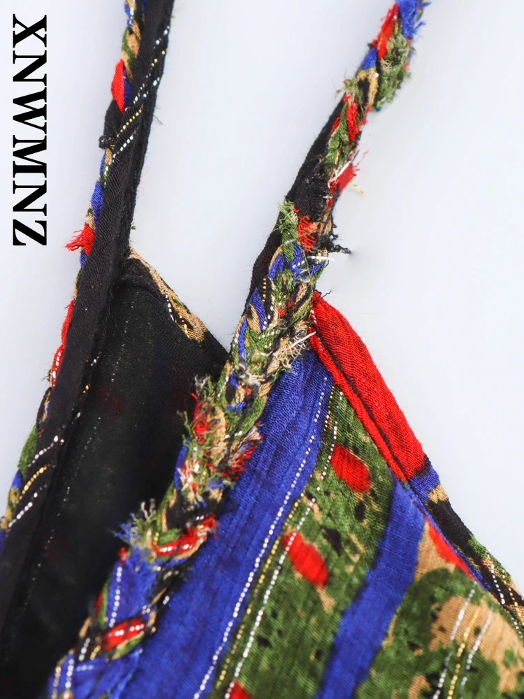 XNWMNZ 2025 Estate Donna Chic Moda Colletto a V Spalla midi boho Vacanza Femminile tracolla sottile Senza maniche Abiti senza schienale