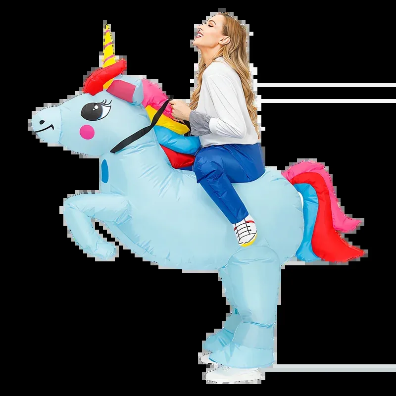 الكبار الطفل نفخ ركوب الأزرق يونيكورن تأثيري الهواء تفجير مجموعة لجميع القديسين كرنفال موضوع ملابس تنكرية للحفلات