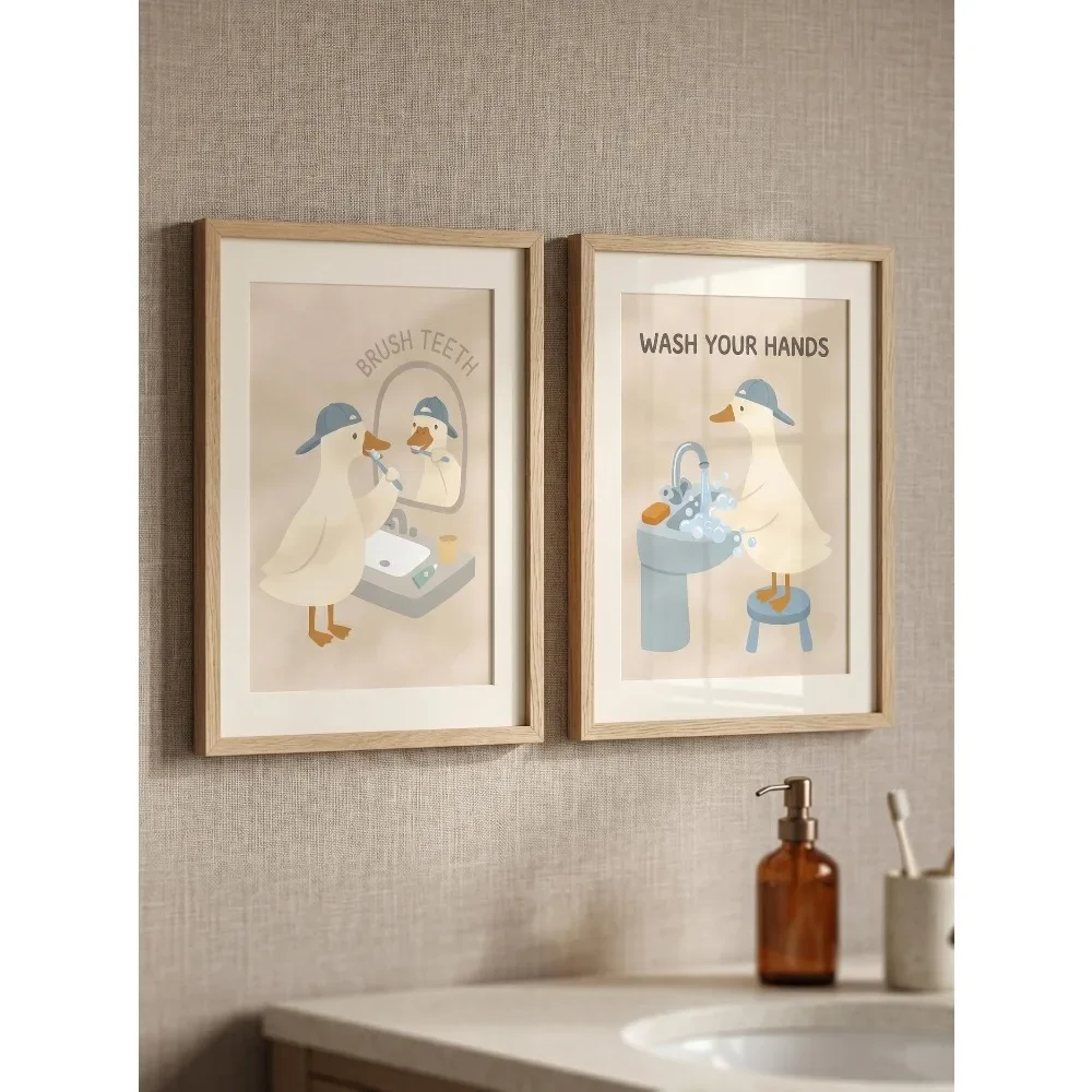 2pcs frameless Canvas Painting 2pcs Frameless, Silly Goose Bathroom Prints, Children's Daily Wall Art (digital Download), Toilet