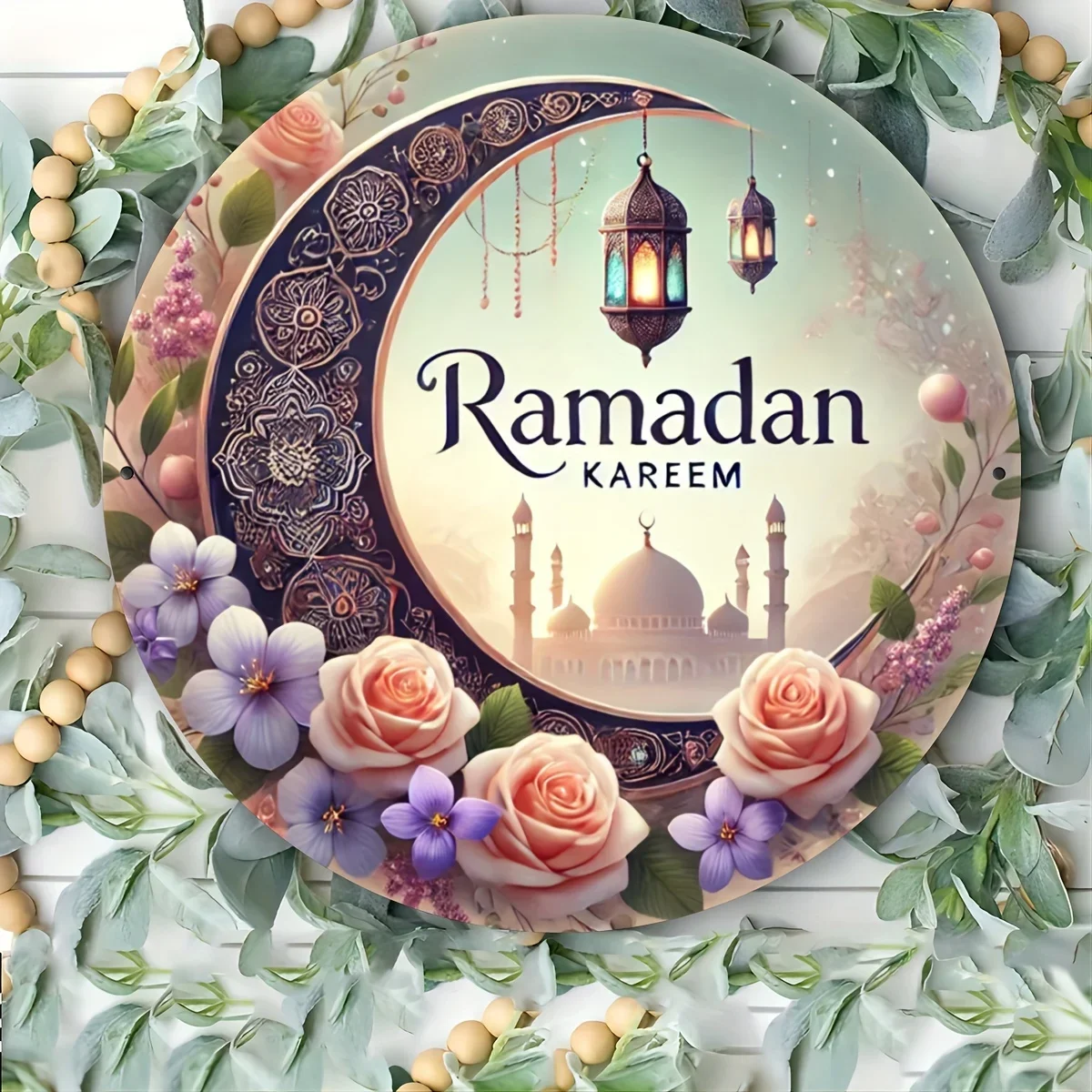 Ramadan Kareem Vintage Schloss Laterne Metall Wandkunst – 19,81 cm rundes Aluminiumschild für Weihnachten, Halloween, Neujahrsdekoration – Nr