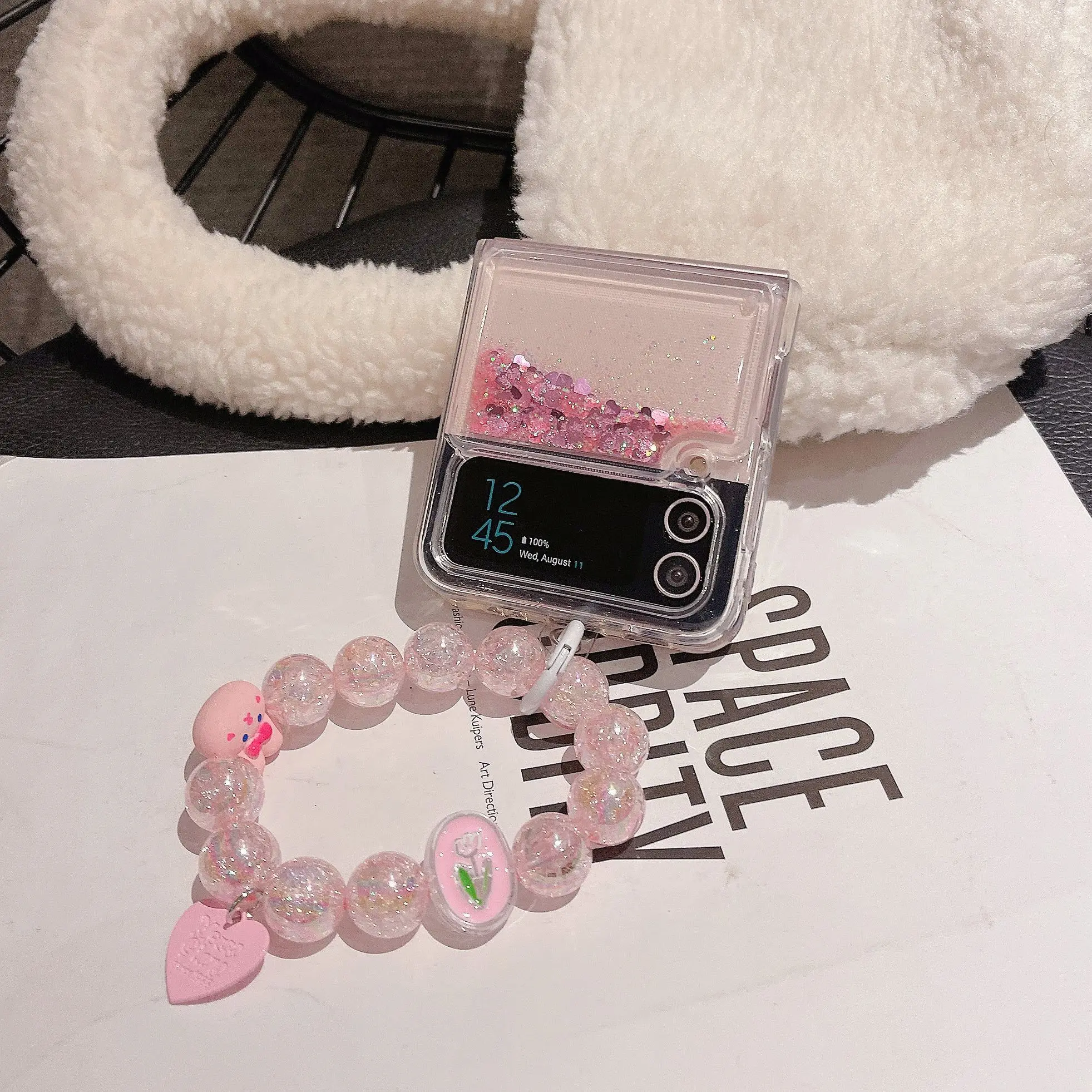 

ZFlip5 Bling Liquid Quicksand Beads Bracelet Case For Samsung Galaxy Z Flip 6 Z Flip 4 5G ZFlip3 Glitter Luxury Strap Hard Cover