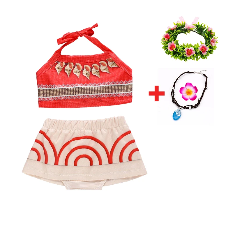 Little Girls Cosplay Moana Halter Sundress Baby Kids Vaian Sisters Ocean Beach Hawaii Style Princess Frock With Necklace Pig Set image 4