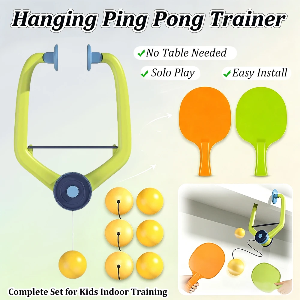 Hanging Table Tennis Trainer Set No Drilling Portable Ping Pong Trainer with Paddles Spare Balls Indoor Solo Training Equipment