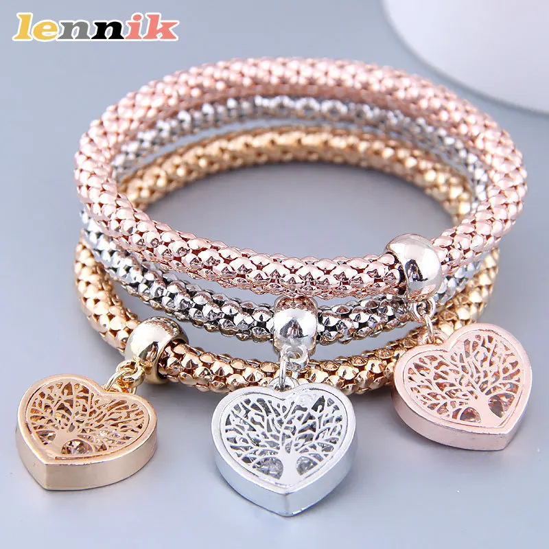 LENNIK European-American Style Bracelet with Big Tree & Starfish Pendant, Tri-color Corn Chain Multi-layer Bracelet for Women