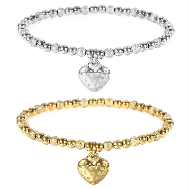 

Metal Waterproof Durable Stainless Steel Jewelry Lovers Retro Heart-Shaped High Quality Frosted ball Shiny Bead Elastic Bracelet