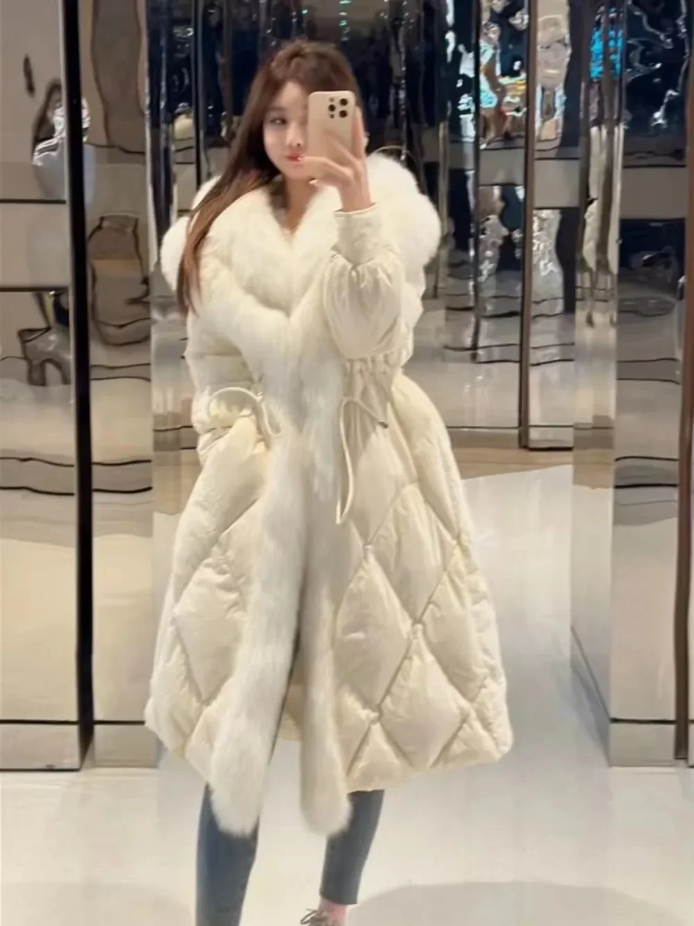 Long Fur Coat Warm Real Fox Fur Coat New European Fashion Winter Luxury Turn-down Collar White Goose Down Jacket Women