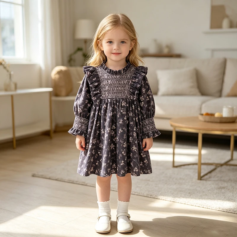 2026 2-6 Jahre Herbst Frühling Kinder Mädchen Kleid Langarm Bedruckte Kollektion Prinzessinnenkleid Neue Kinder Mädchen Kleidung