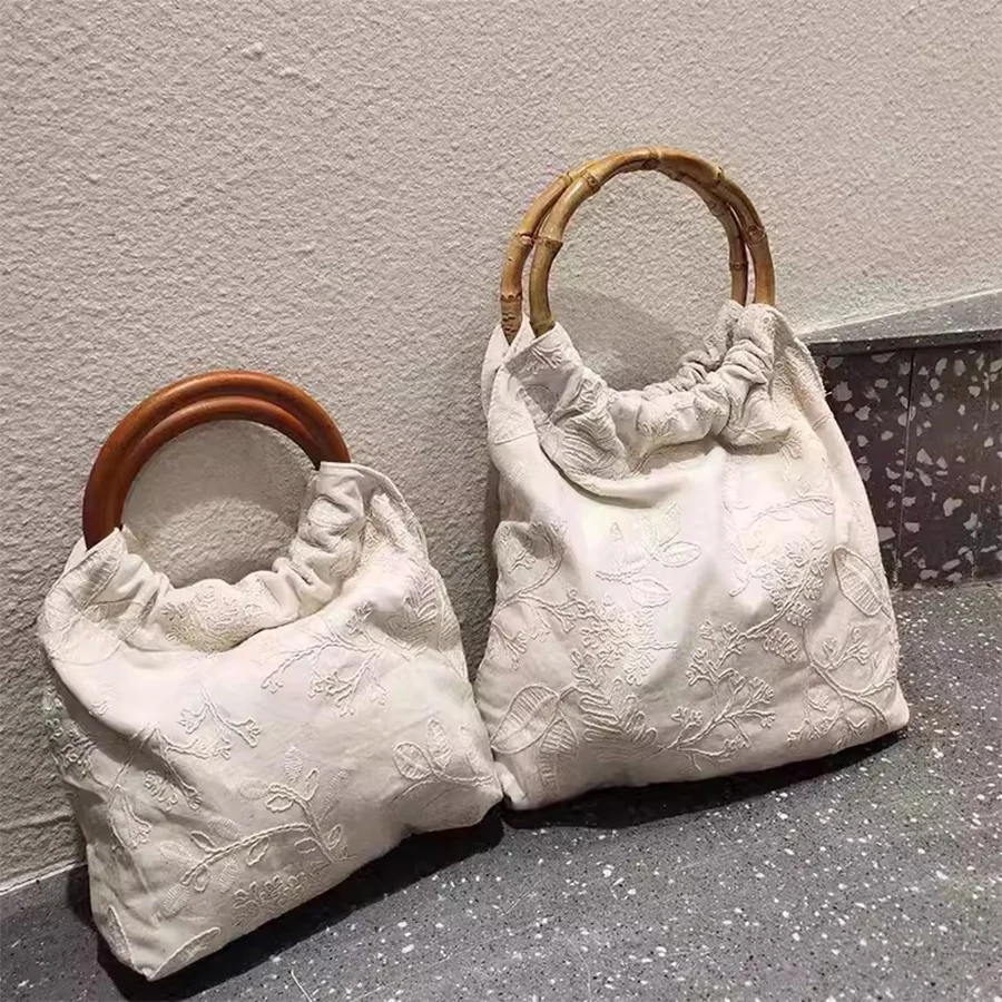 

Vintage Bamboo hand wooden ring mini totes bag embroidered bucket bag soild color purse and handbags party dinner clutch bag sac