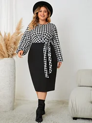 Plus Size Houndstooth Women Dresses Color Block Long Sleeves Lace-Up Robe O Neck Fall Sprimg Bodycon Dress Oversized Cloth