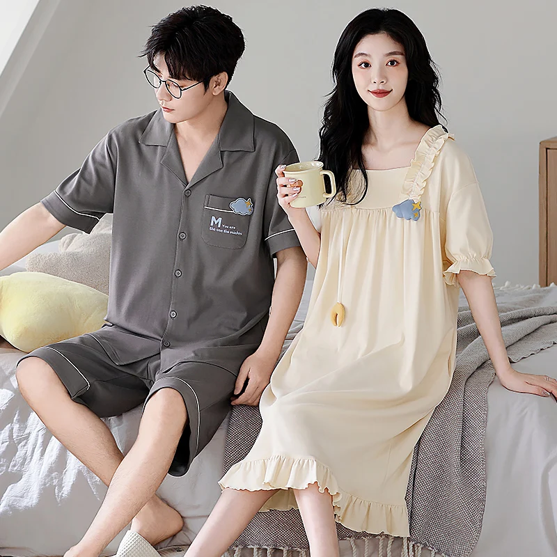 

Newest Couple Pajama Set Summer 100% Cotton Turn-down Collar Men Pijama Women Short Sleeve Nightgown