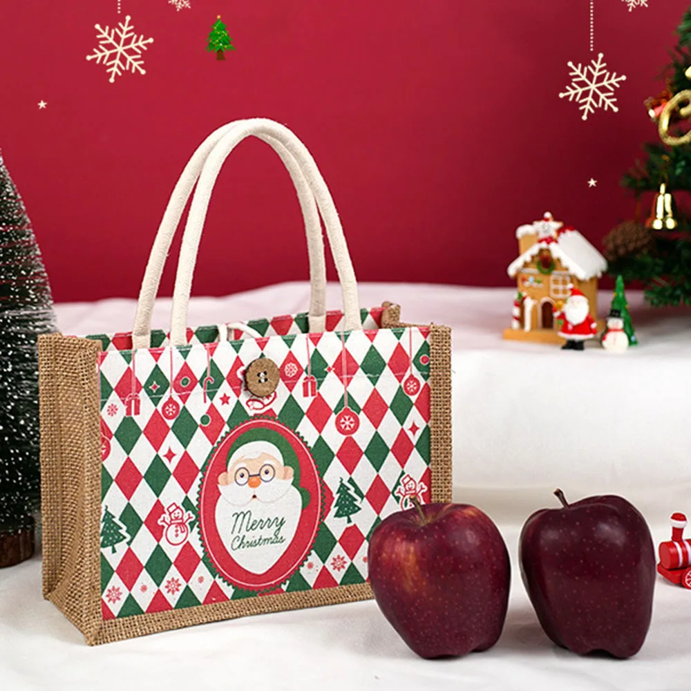 Christmas Gift Packaging Handbag Tote Bag Santa Claus Prints Large Capacity Eco-Friendly Jute  Shopping Handbag Xmas Decors