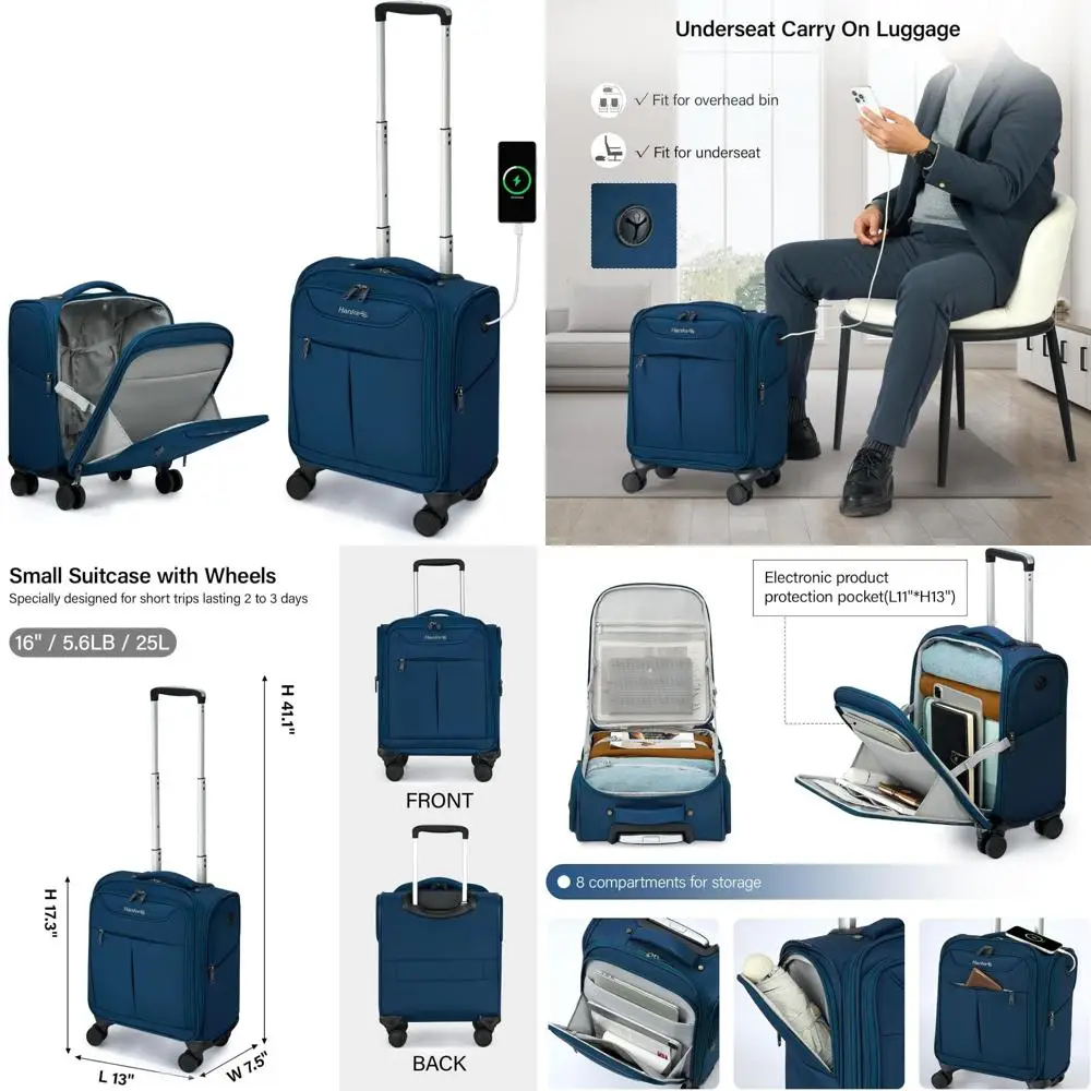 

Lightweight 16 Inch Airline Approved Softside Personal Item Travel Suitcase with Wheels Small Carry On Luggage for Underseat Sto