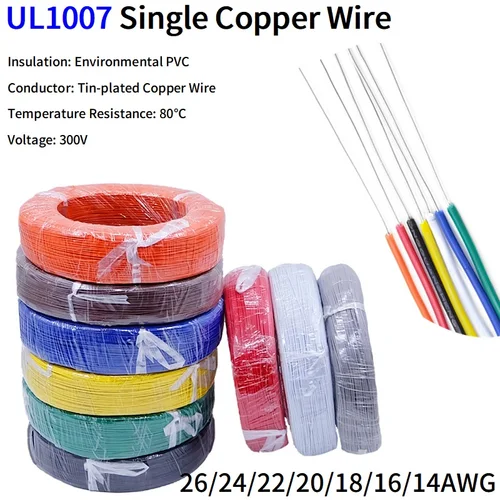 Cable de un solo núcleo de 5M/50M UL1007 línea de cobre estañado de PVC 14/16/18/20/22/24/26 AWG Cable sólido línea LED equipo de bricolaje Cable eléctrico