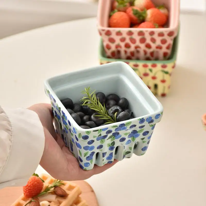 Fruits Pattern Square Snack Bowls Afternoon Tea Delicate Small Bowl With Hollow Out Bottom Cute Creative Designed Ceramic Bowls