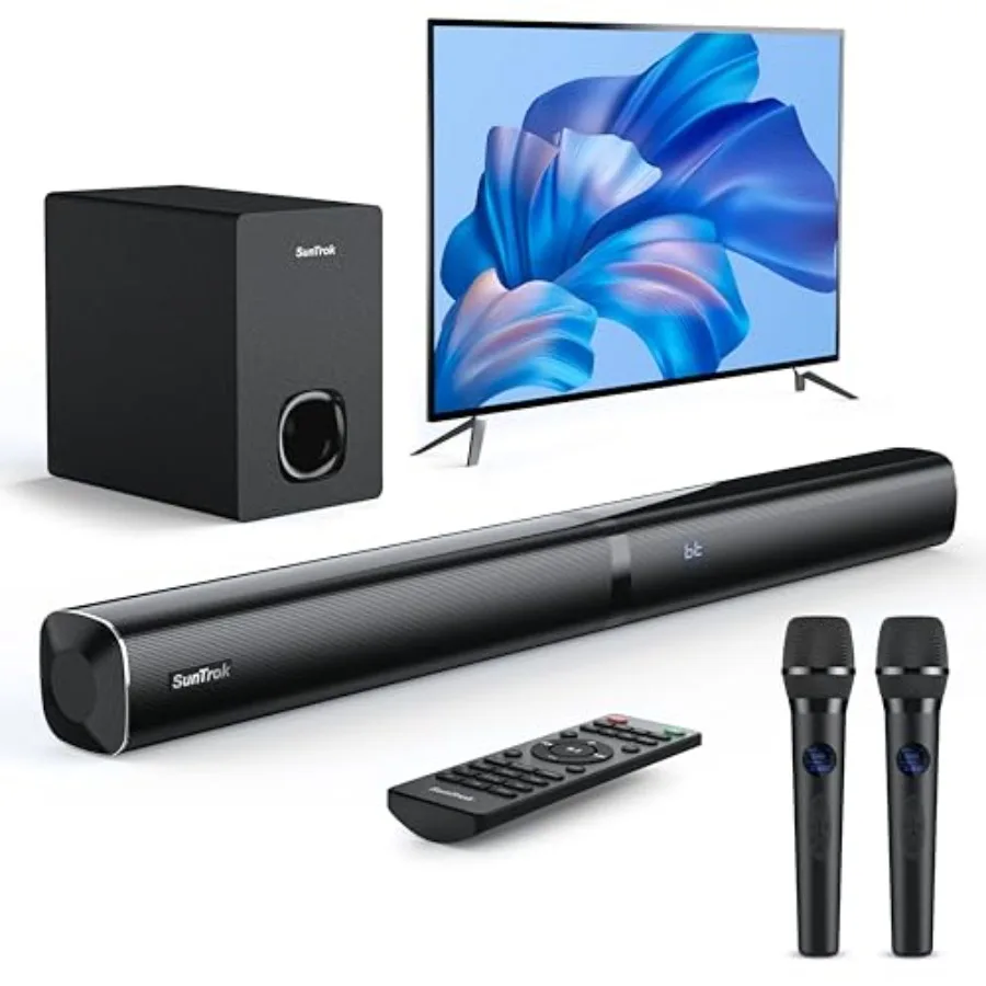 

Karaoke Soundbar with Subwoofer for TV: Home Theater Surround Sound System with 2 Wireless Microphones - Bluetooth Speaker feat
