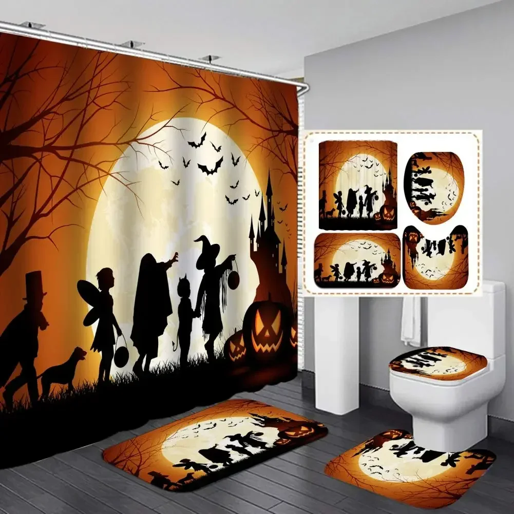 

Mystery Halloween Pumpkin Witch Shower Curtain Set Non Slip Rugs Toilet Lid Cover Bath Mat All Saints Day Bathroom Set Decor