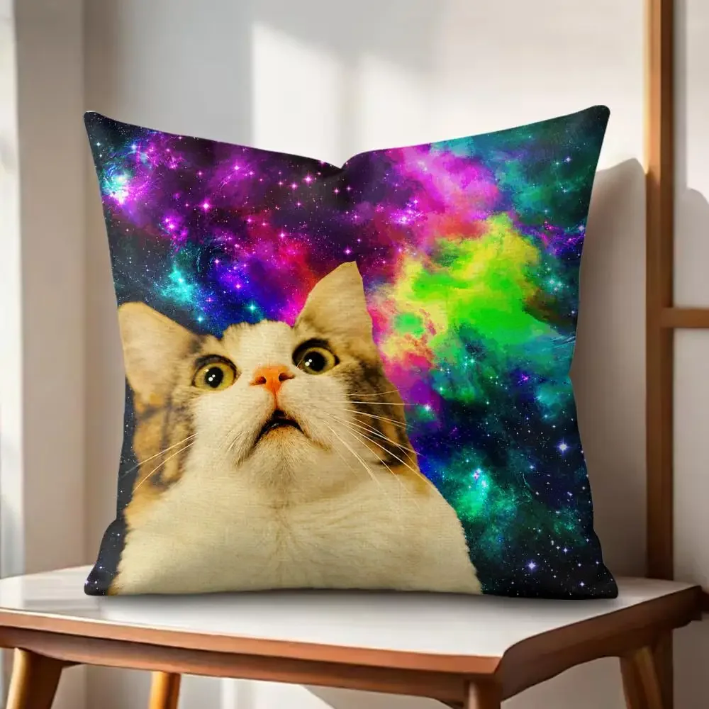 Cosmic Meme Cats Fantastic Cushion Cover Eco Linen Pillow Case Double-Sided Print Breathable Durable Zipper Home Decor Gift