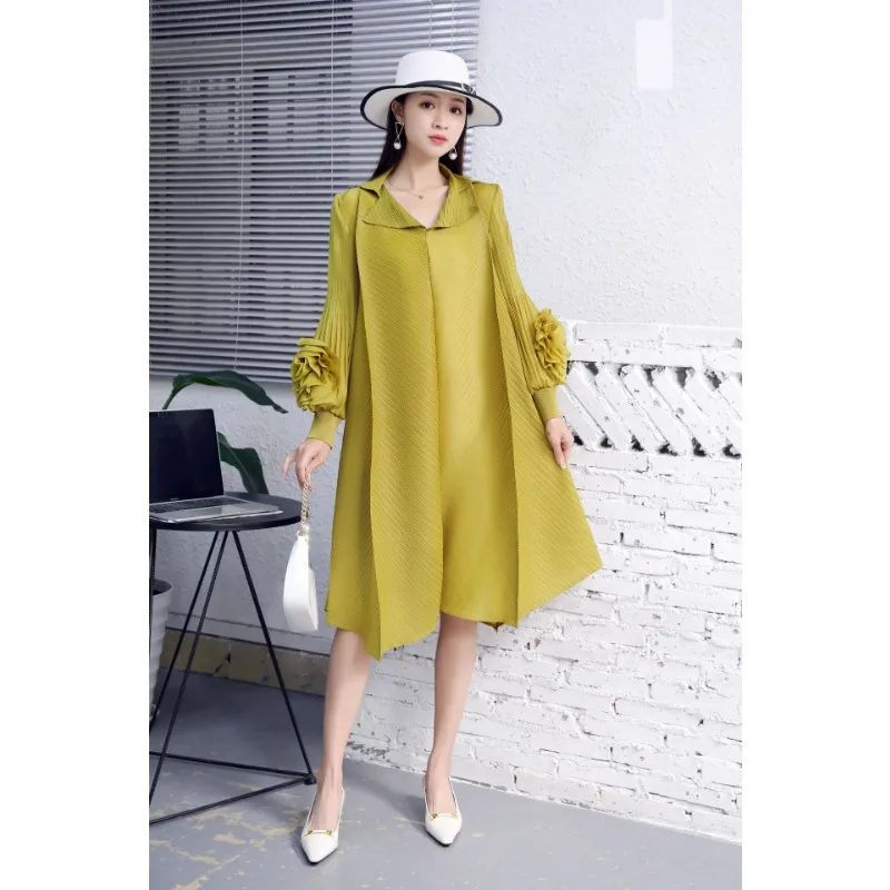 

ALSEY Miyake Elegant Dresses for Women 2024 Summer New Temperament Flower Sleeves Aesthetic Pleated Dresses Clothing Female