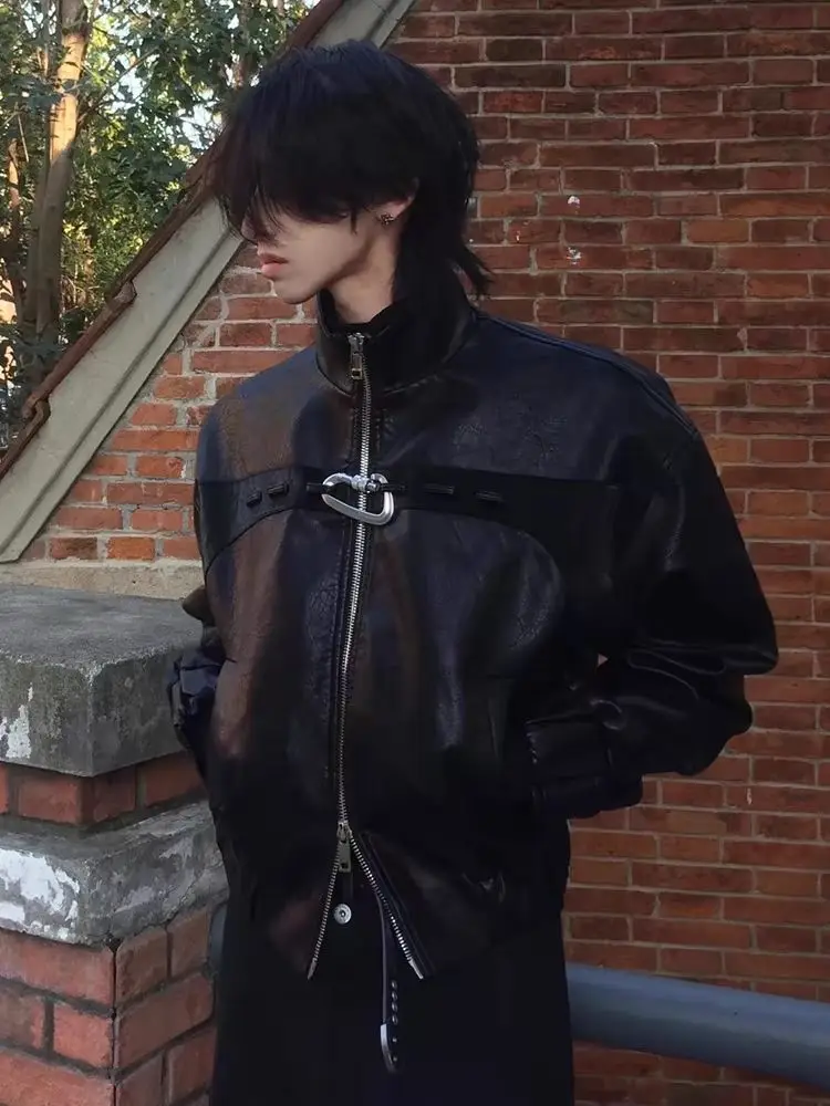 American Fashion Brand High Street Black Leather Coat Hiphop Short Stand-Up Motorcycle Jacket