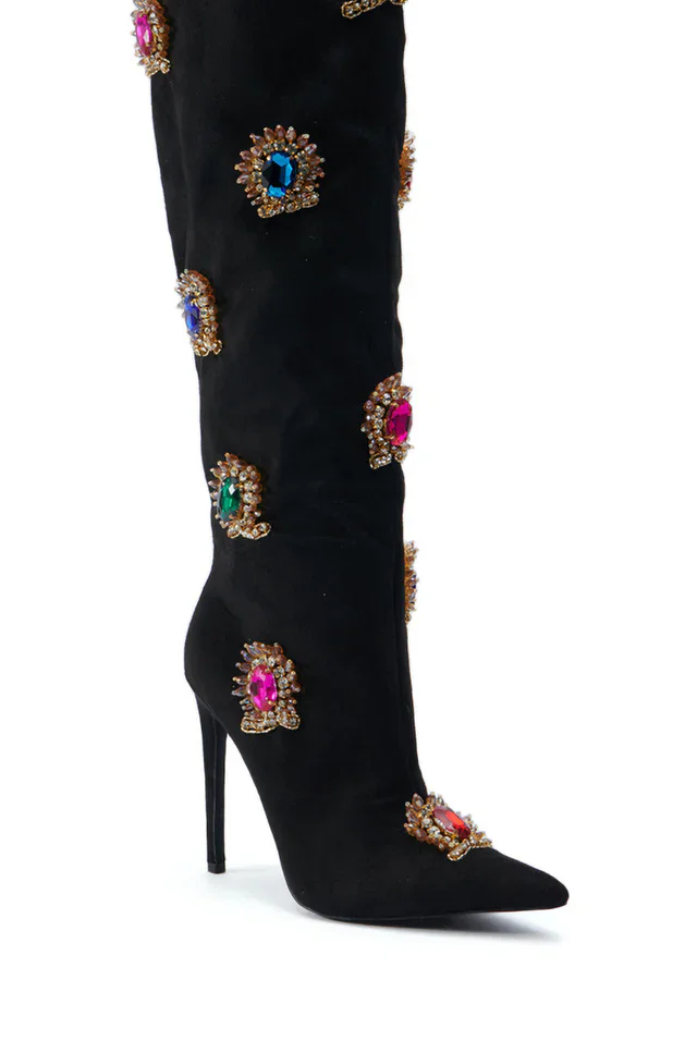 2025 Sexy Knee High Black Flock Crystal Decor Boots Stilettos High Heel Women Shoes Side Zipper Pointed Toe Zapatos Para Mujere