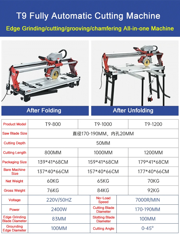 T9 2400W Fully Automatic Tile Cutting Machine Stone Edge Grinding and Grooving Multi-function 45° Chamfering Push Knife