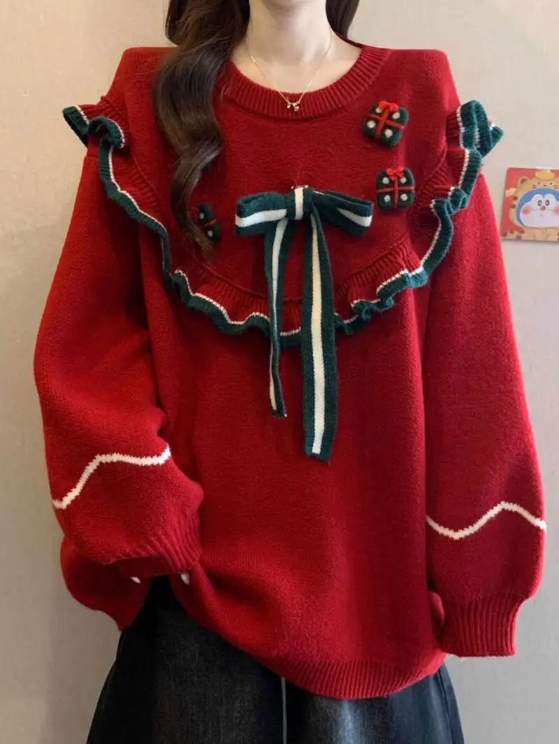 

Advanced New Year Atmosphere Red Sweater New Large Size Womens Loose Lazy Thick Knitwear Winter Autumn Casual Fashion
