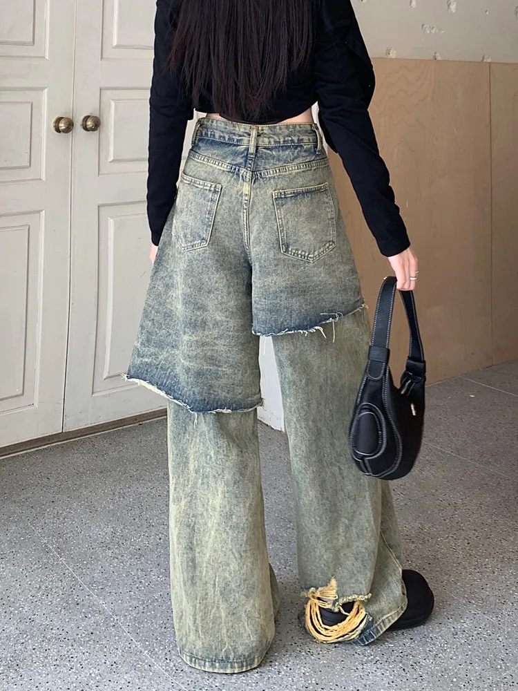 Trashy Y2K 2000S Streetwear Washed Blue Baggy Ripped Stacked Jeans Pants For Women 90S Vintage Clothes Old Lady Denim Trousers