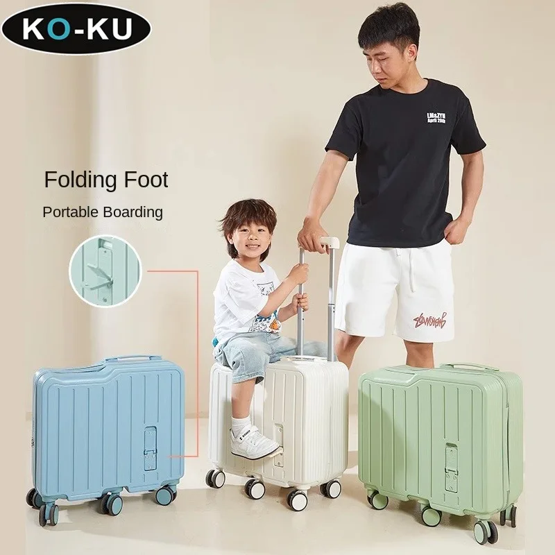 KO-KU 2024 New 20Inch Children Boarding Box can Sit and Ride Trolley Case Folding Foot Six Wheels Suitcase Mute Universal Wheels