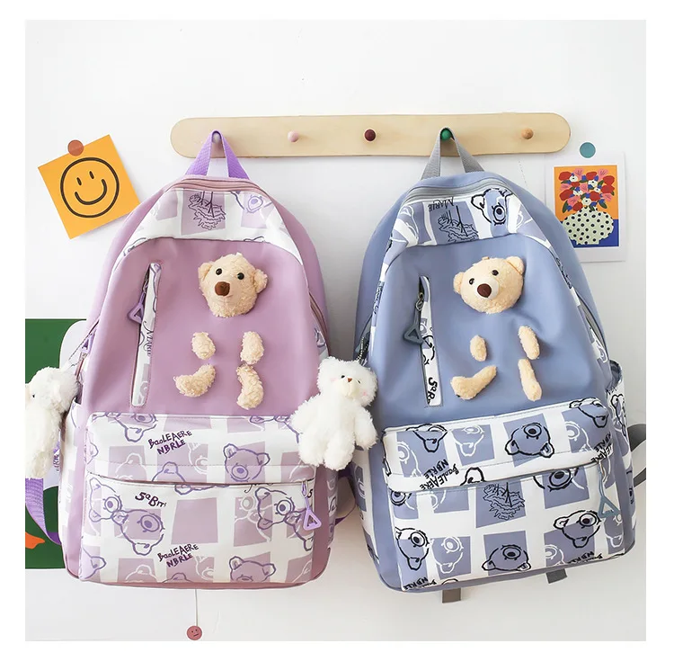 

Large-capacity schoolbag for primary secondary school students female cute bear backpack lunch box three-piece travel backpack
