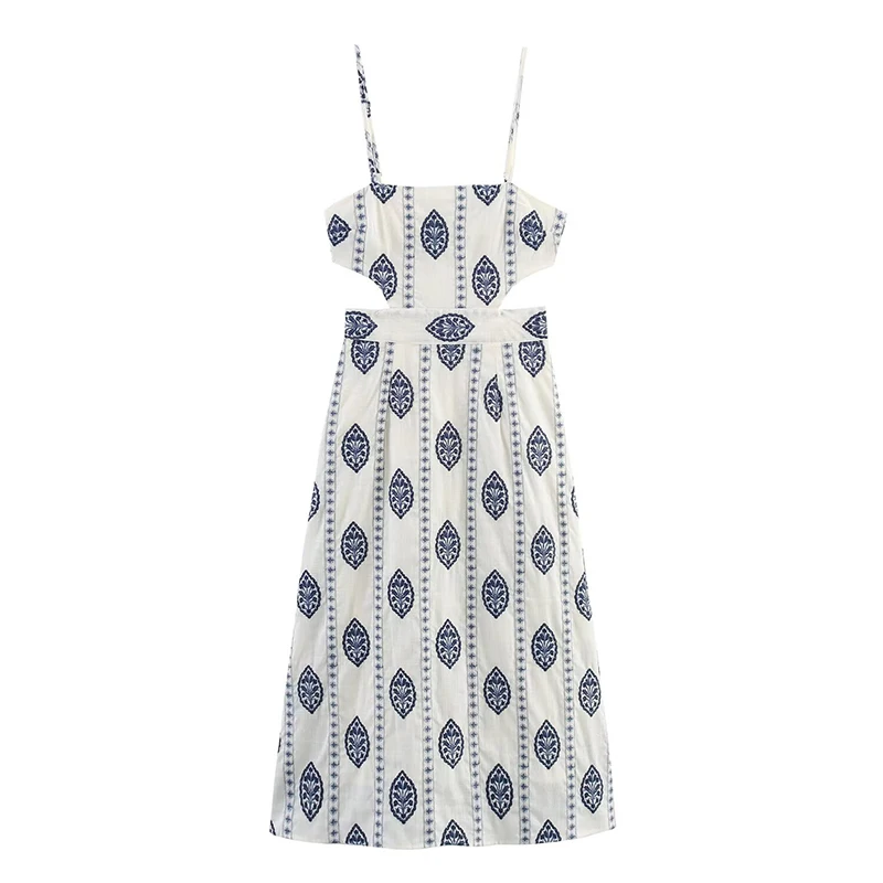 Sukienki damskie z haftem kwiatowym, seksowne, z wycięciami, linia A, midi, na ramiączkach, letnia sukienka, elegancka sukienka wakacyjna, vestidos