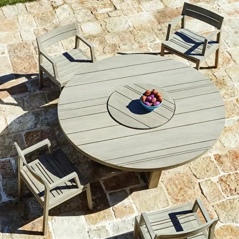 High-end all-weather wooden outdoor dining table, design garden furniture courtyard dining table set, round teak dining table