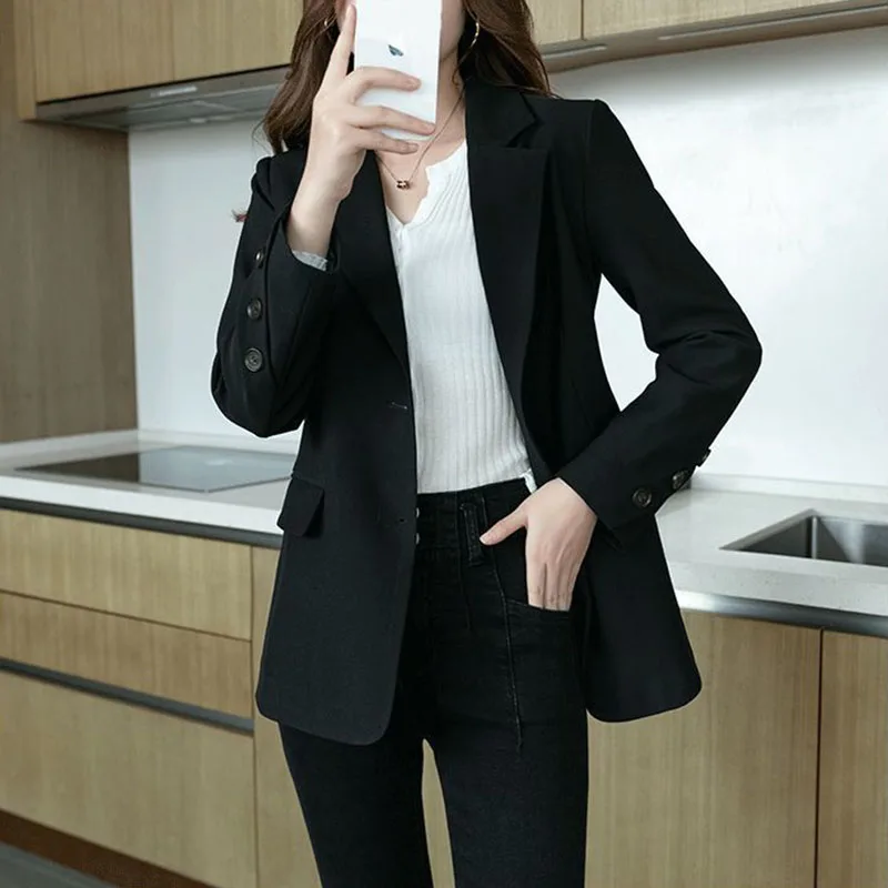 Women's Loose Korean Casual Suit Jacket, Female Office Overalls Coat, Professional Women's Wear Outerwear, Black, Spring, Autumn