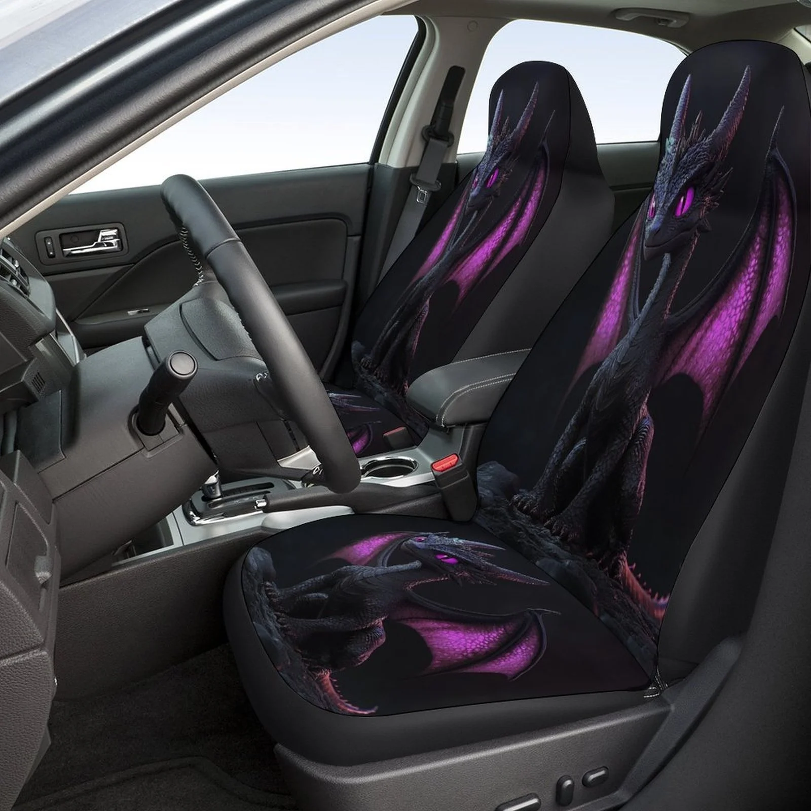 Car Seat Cover Set Featuring A Purple Winged Dragon, Tailored For Various Vehicles. Stylish And Unique, This Complete Set Includ