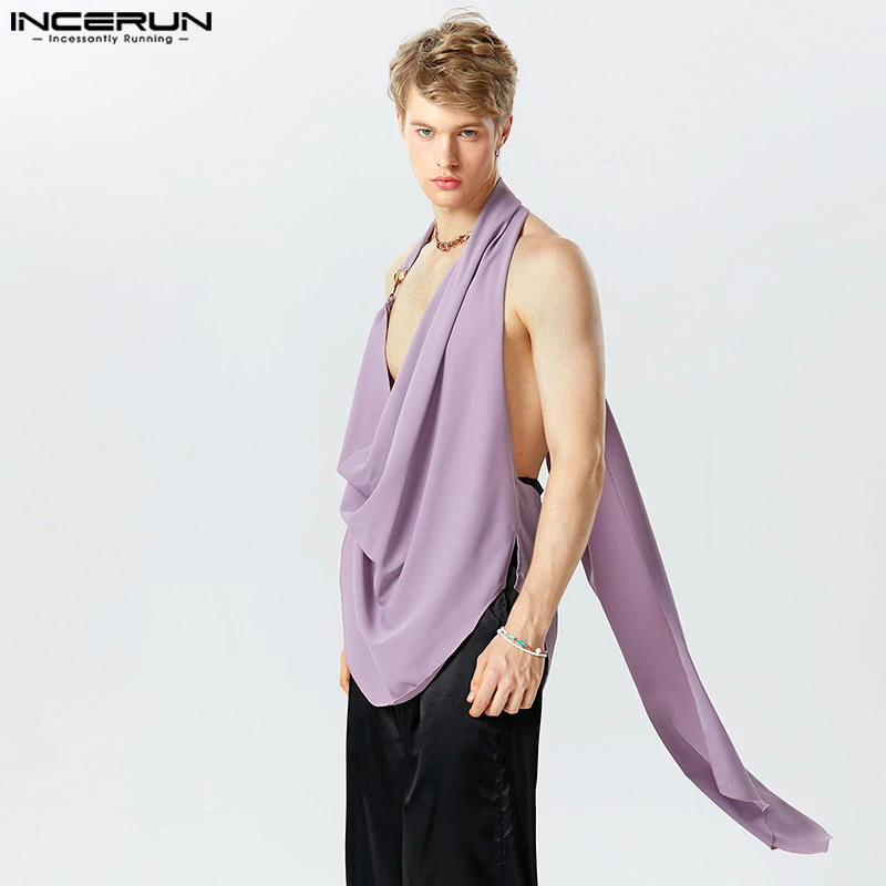 INCERUN Tops 2023 American Style Men\'s Loose Fitting Long-style Solid All-match Tank Tops Casual Party Swing Collar Vests S-5XL