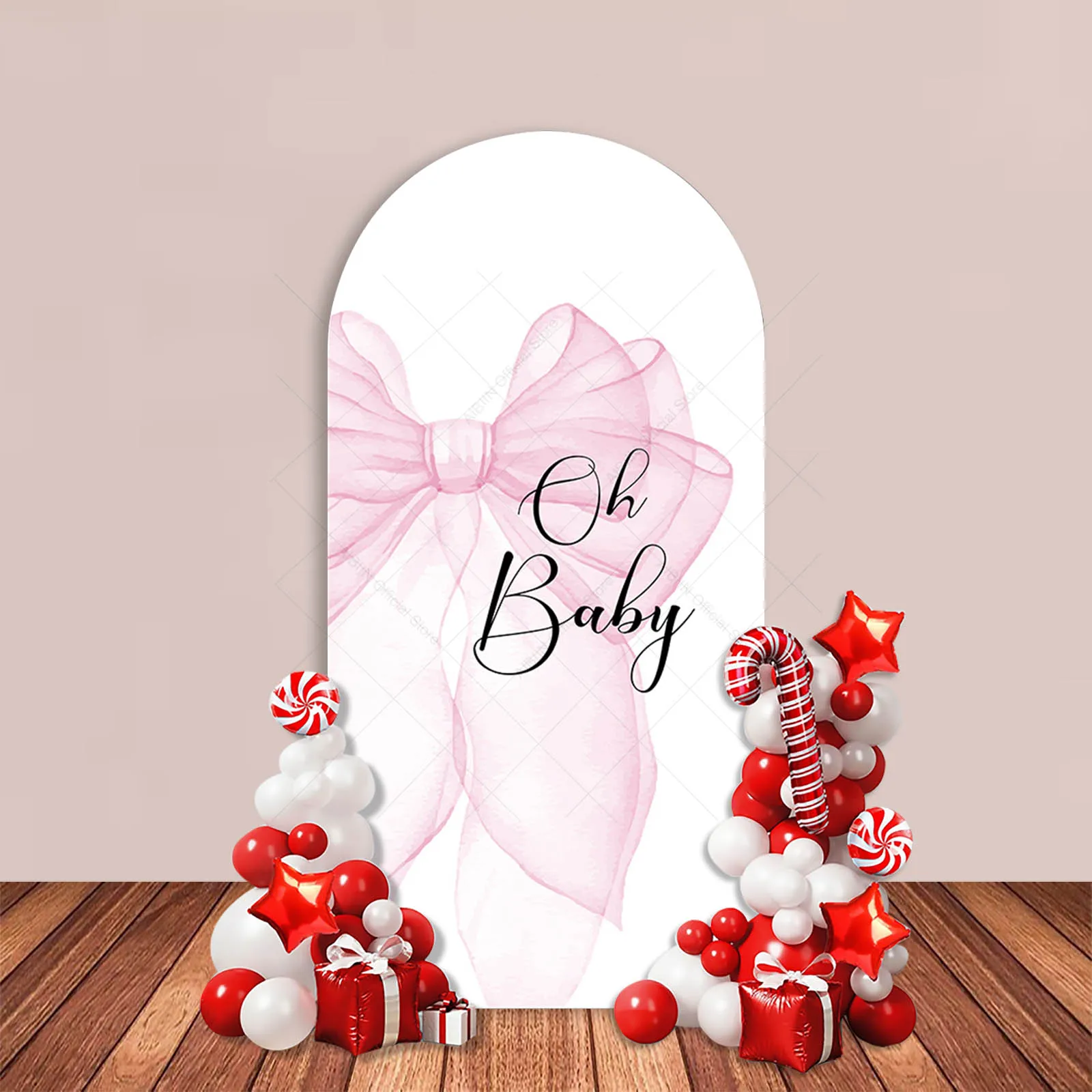 Pink Bow Oh Baby Arch Backdrop Cover Butterfly Bow Girl Baby Shower Party Decor Maternity Portrait Photography Background