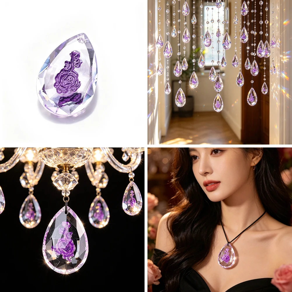 Purple Rose Engraved Teardrop Crystal Pendant High Clear Faceted Chandelier Parts Suncatcher DIY Home Decor Ornament