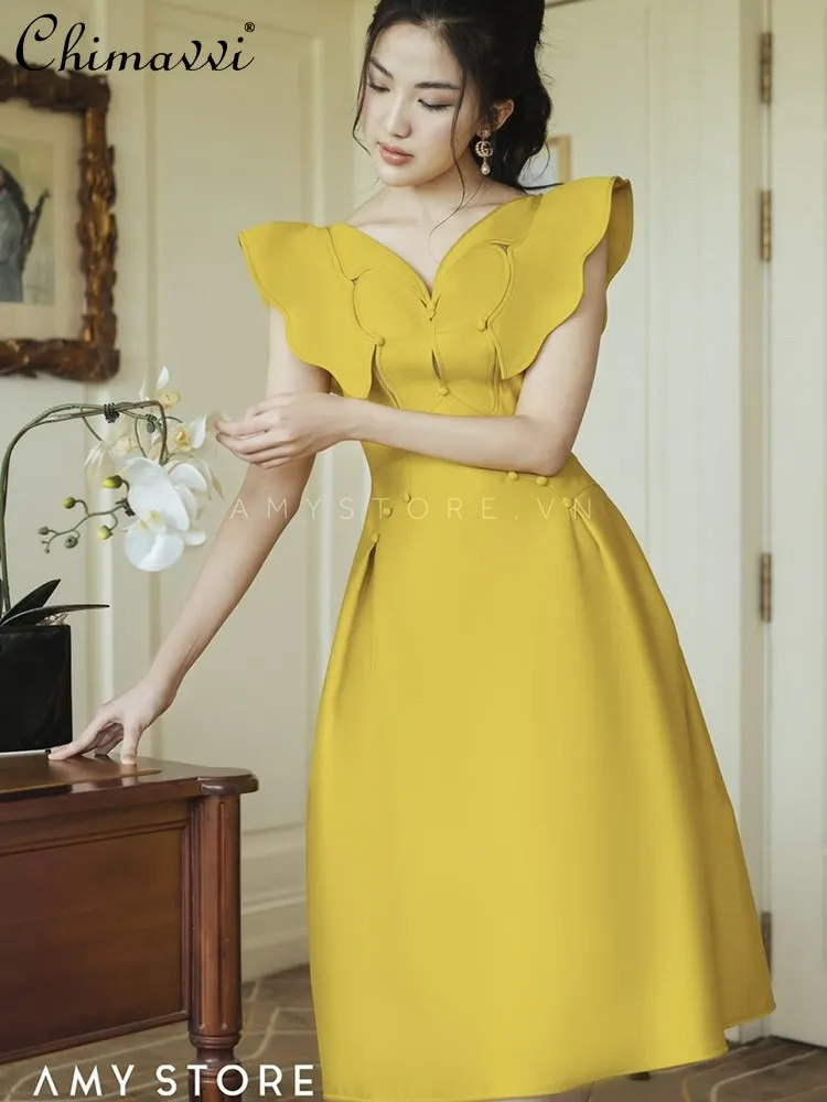 

French Elegant Temperament Socialite Butterfly V-neck Flying Sleeve High Waist Slim A-line Long Evening Dress For Women Summer