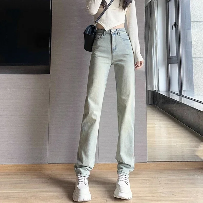 

LIBIELIY Woman American High Waist Straight Leg Jeans Girls Casual High Street Narrow Pants Female Yellow Y2k Denim Bell Bottom