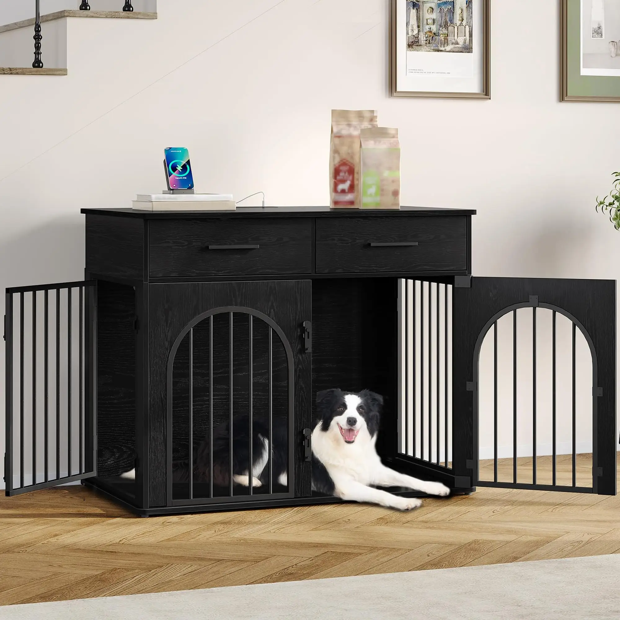 39.4'' Dog Crate Furniture with Storage & Power Indoor Dog Kennel