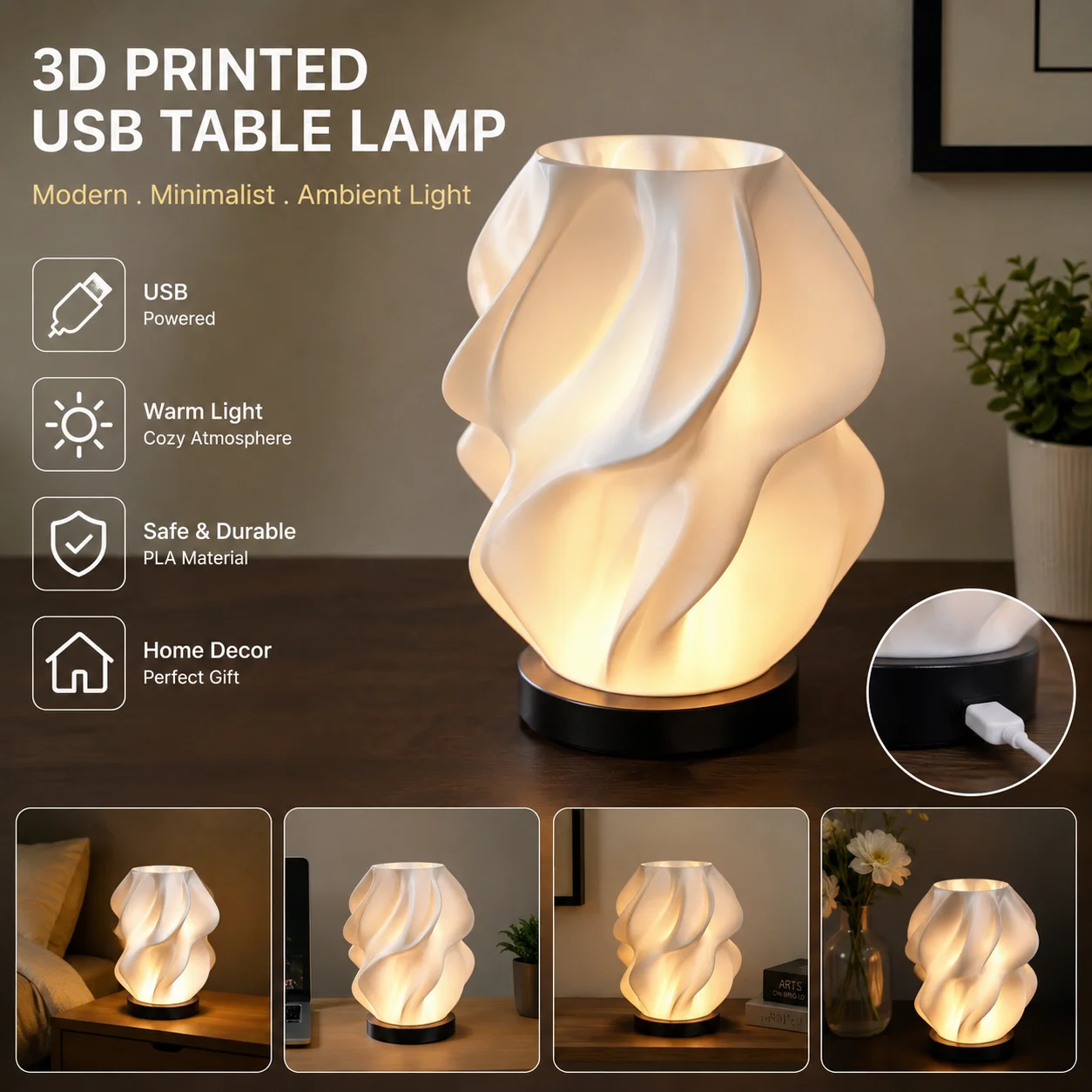 3D Printed Wave Shape USB Table Lamp 3 Color Changing Multi Brightness Dimmable Night Light Eco PLA Material Minimalist Decor
