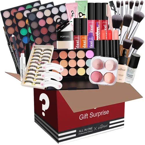 Imagen 1 del producto POPFEEL Kit de maquillaje todo en uno, juego de regalo con paleta de sombra de ojos, base, brillo de labios, colorete, pinceles, delineador de ojos y más regalos de belleza