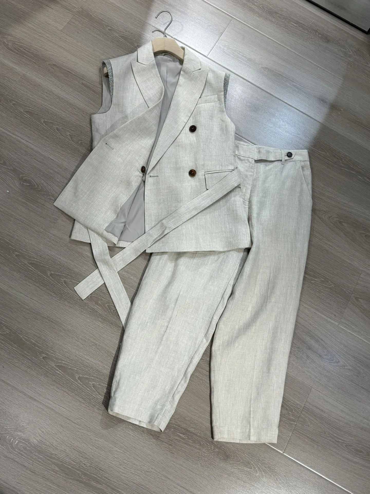 Spring Autumn B*C Women's Pant Suit Cotton Linen Vest + High Waist Straight Trousers 2 Piece Set